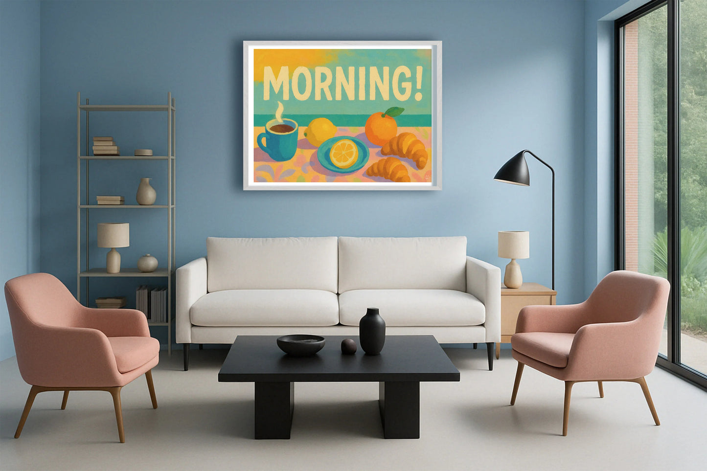 Morning! PastelBlueLounge WhiteFrame mockup