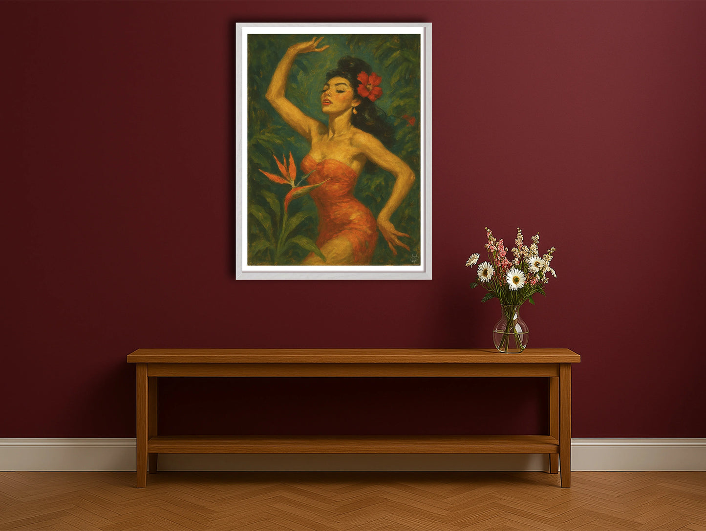 Flora Exotica BurgundyHallwayWhiteFrame mockup