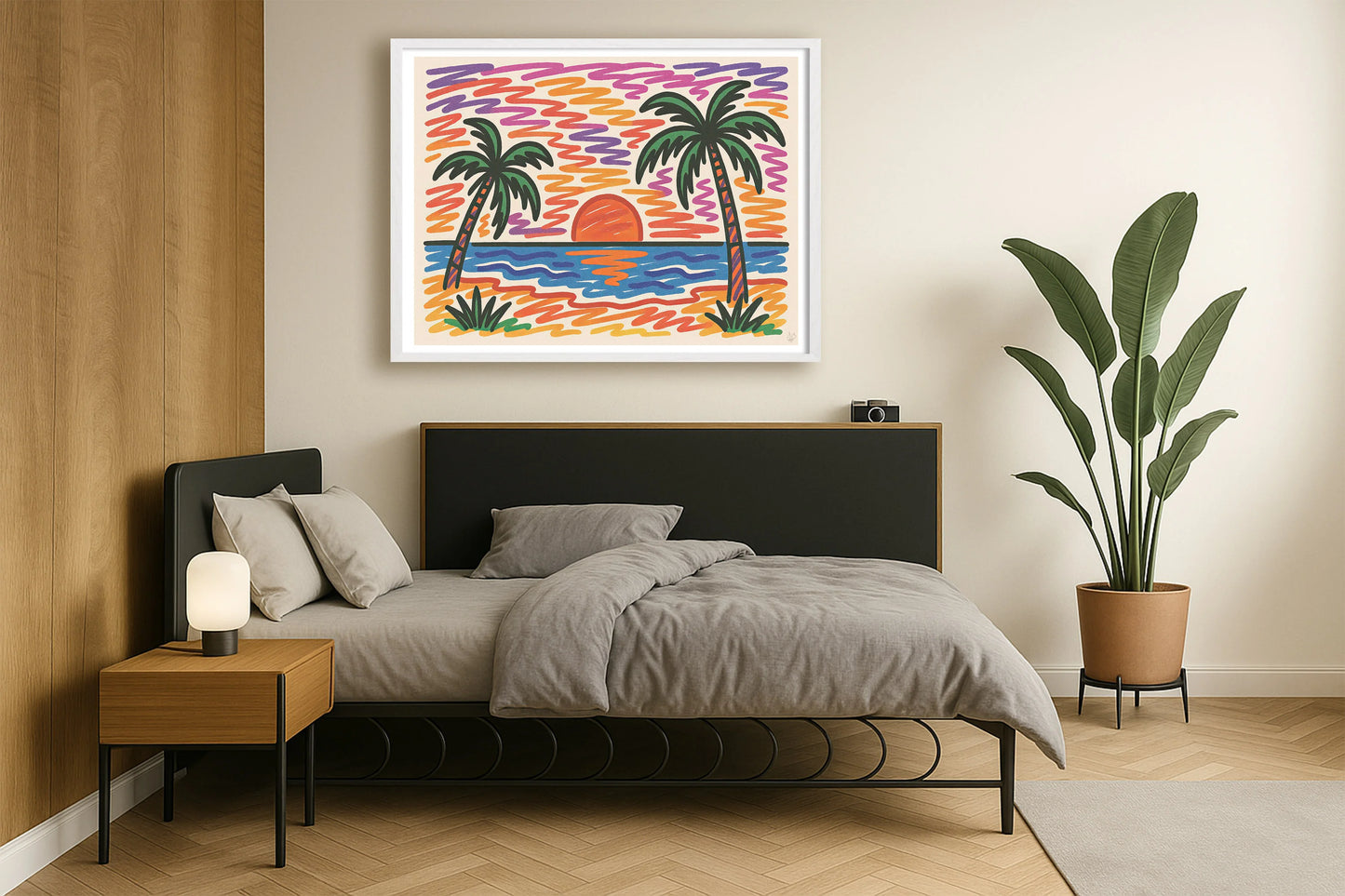 Sunset Scribble NeutralBedroomSide WhiteFrame mockup