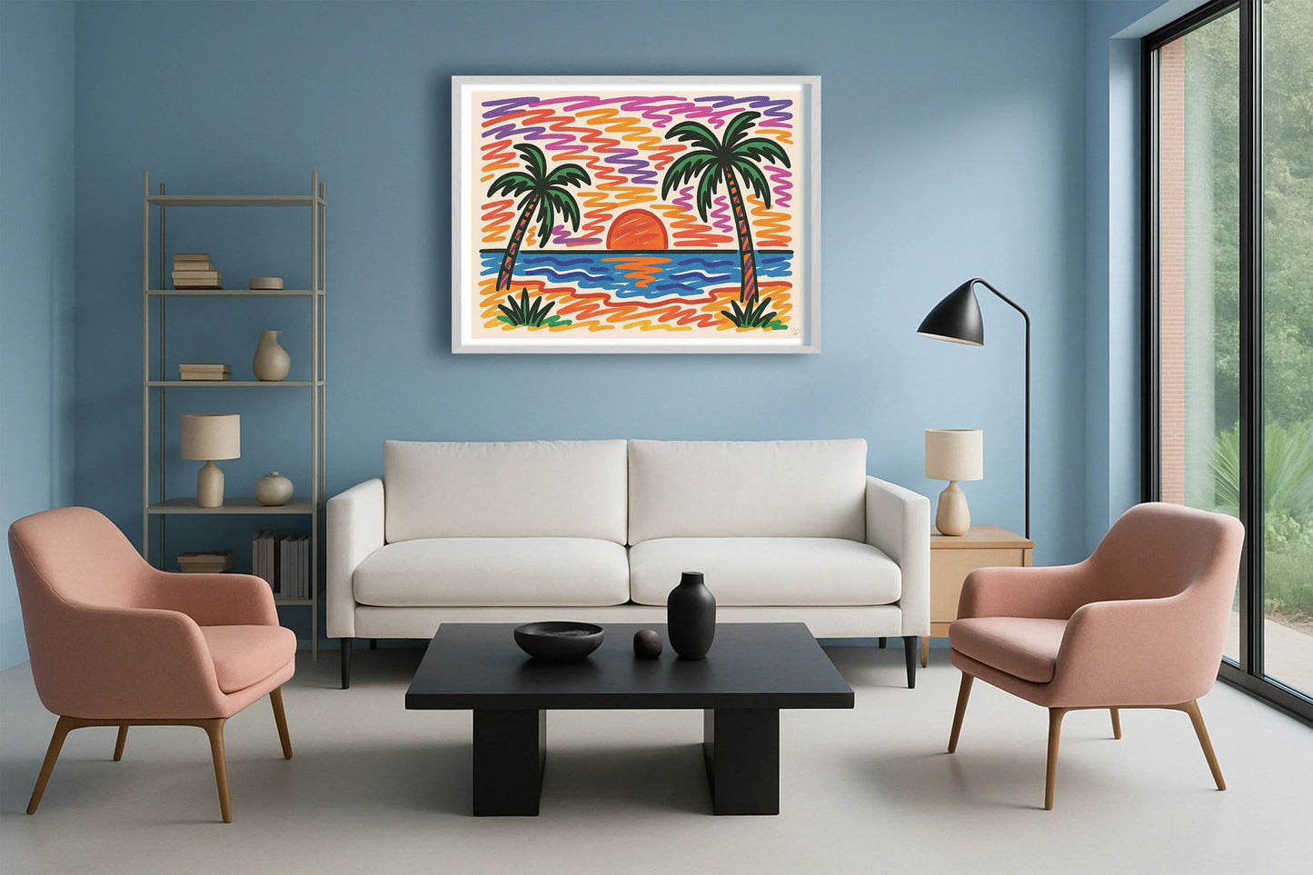 Sunset Scribble PastelBlueLounge WhiteFrame mockup