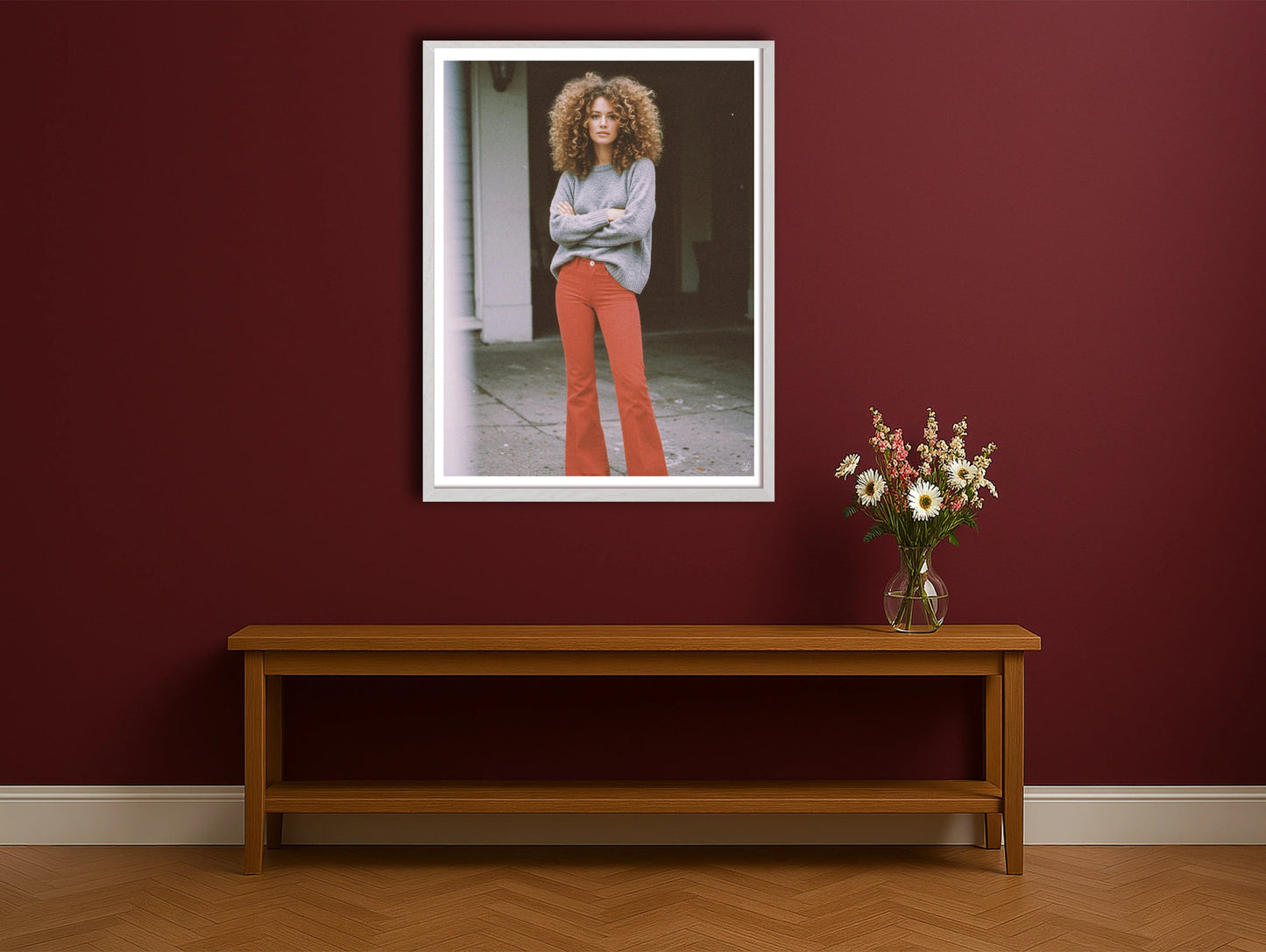 Red Jeans BurgundyHallwayWhiteFrame mockup