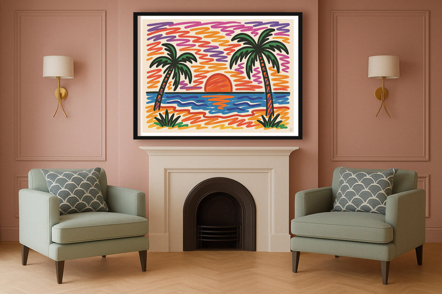 Sunset Scribble SulkingPinkSittingRoom BlackFrame mockup