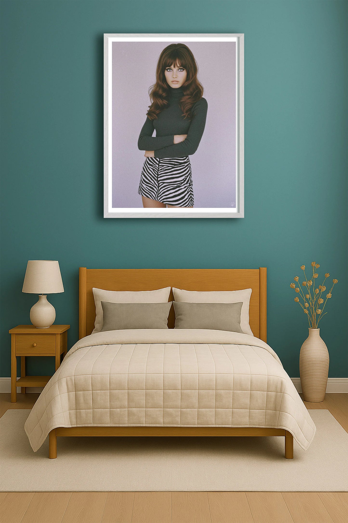 Zebra Skirt TealBedroom WhiteFrame mockup