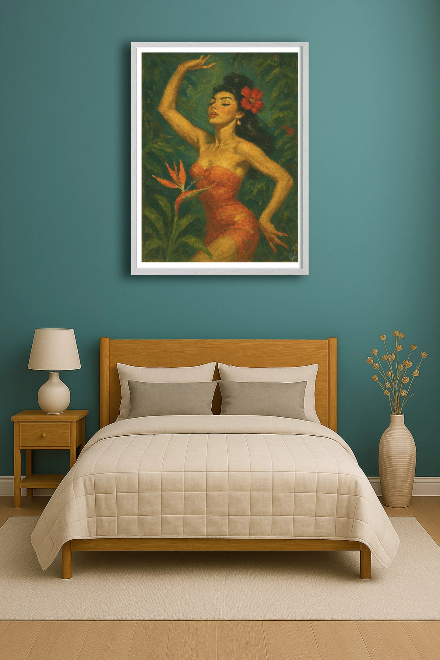 Flora Exotica TealBedroom WhiteFrame mockup
