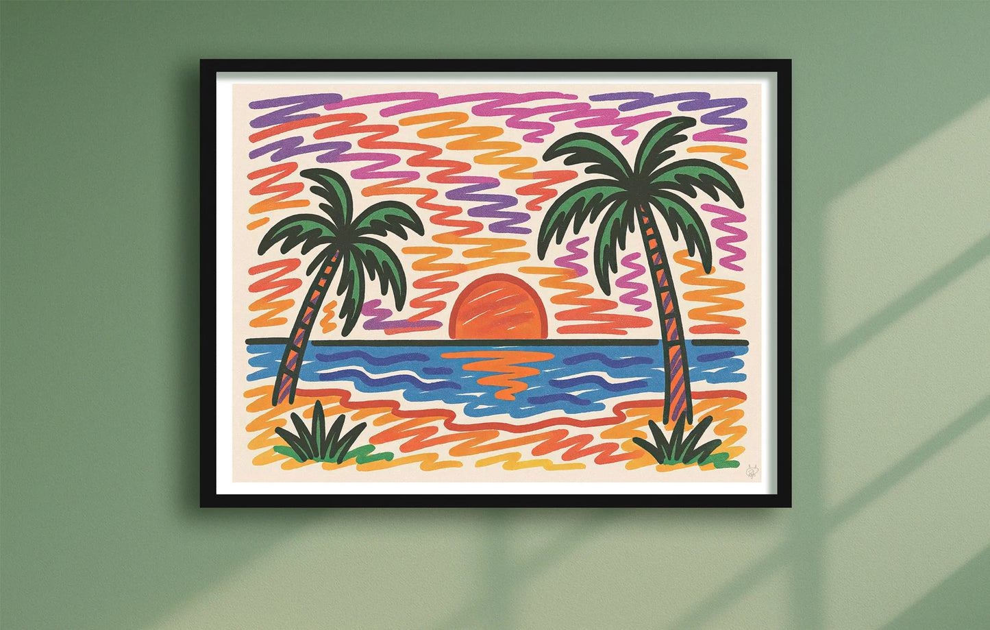 Sunset Scribble Green closeup BlackFrame mockup