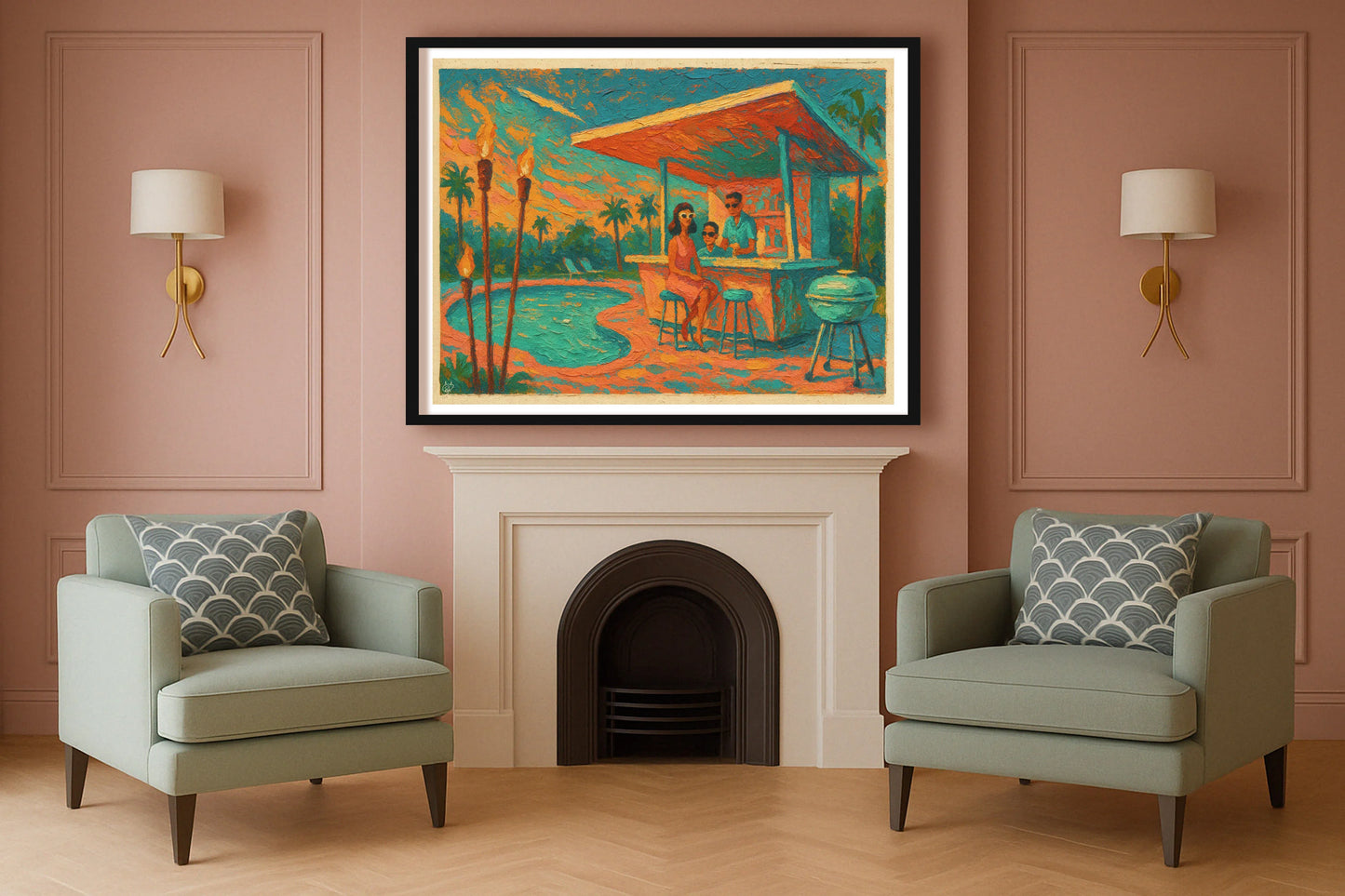 Tiki Suburbia SulkingPinkSittingRoom BlackFrame mockup