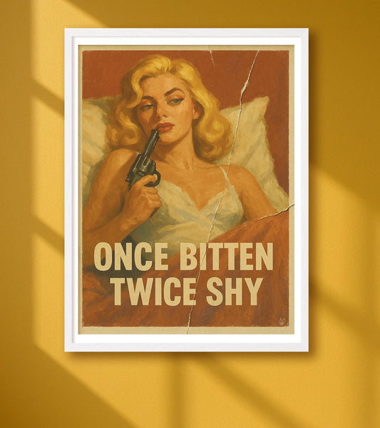 Once Bitten Twice Shy Yellow closeup WhiteFrame mockup