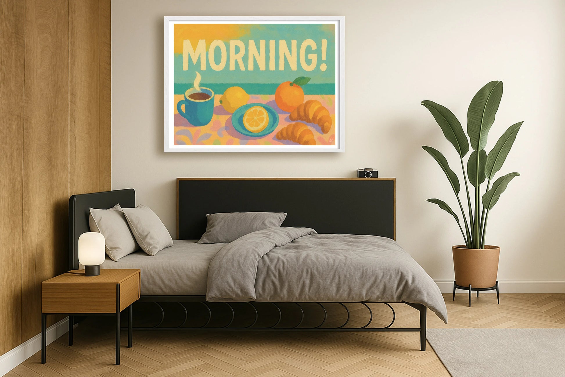 Morning! NeutralBedroomSide WhiteFrame mockup