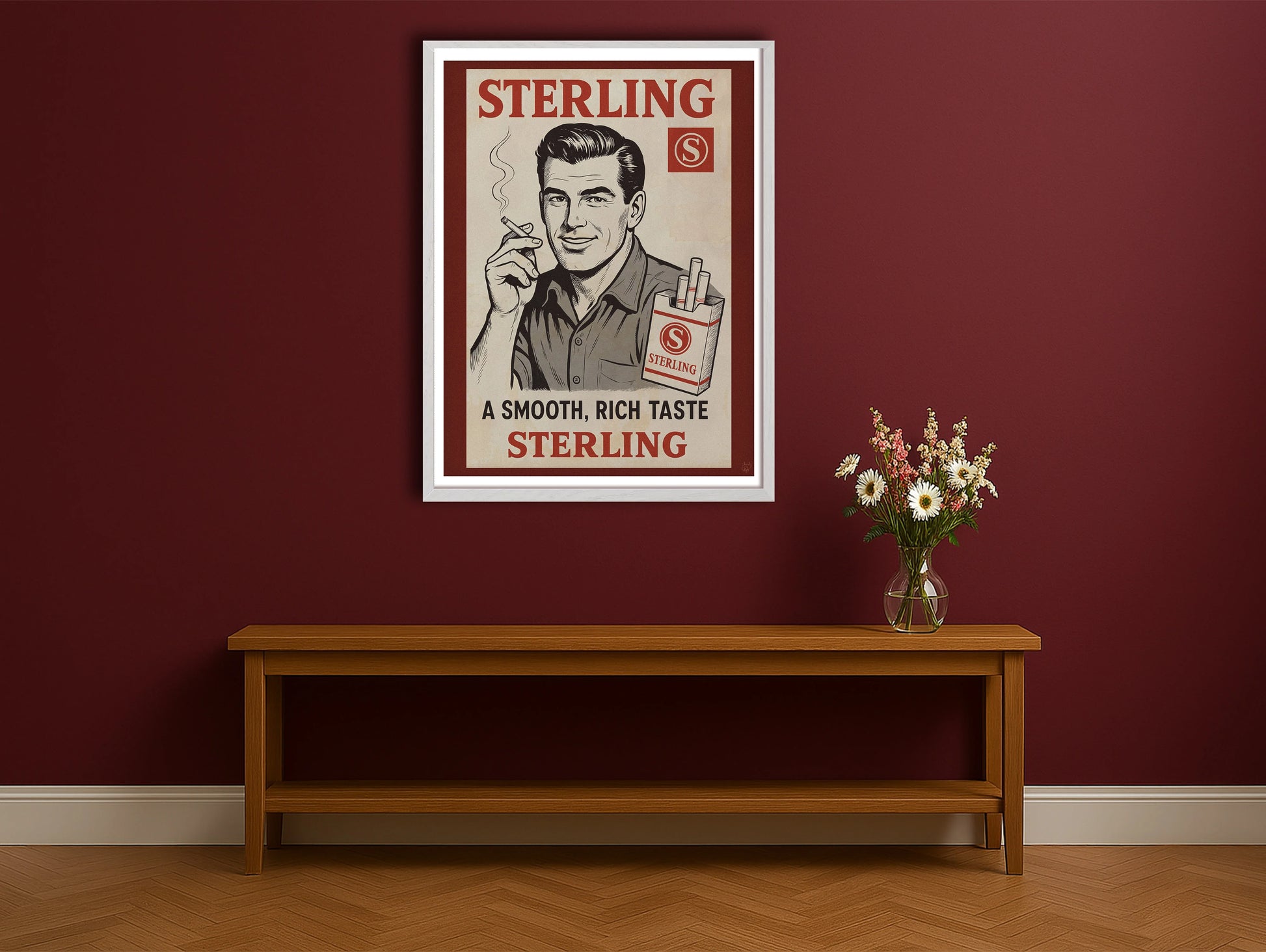 Sterling Cigarettes BurgundyHallwayWhiteFrame mockup