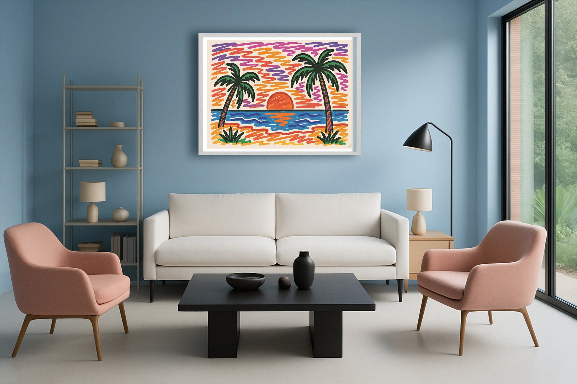 Sunset Scribble PastelBlueLounge WhiteFrame mockup