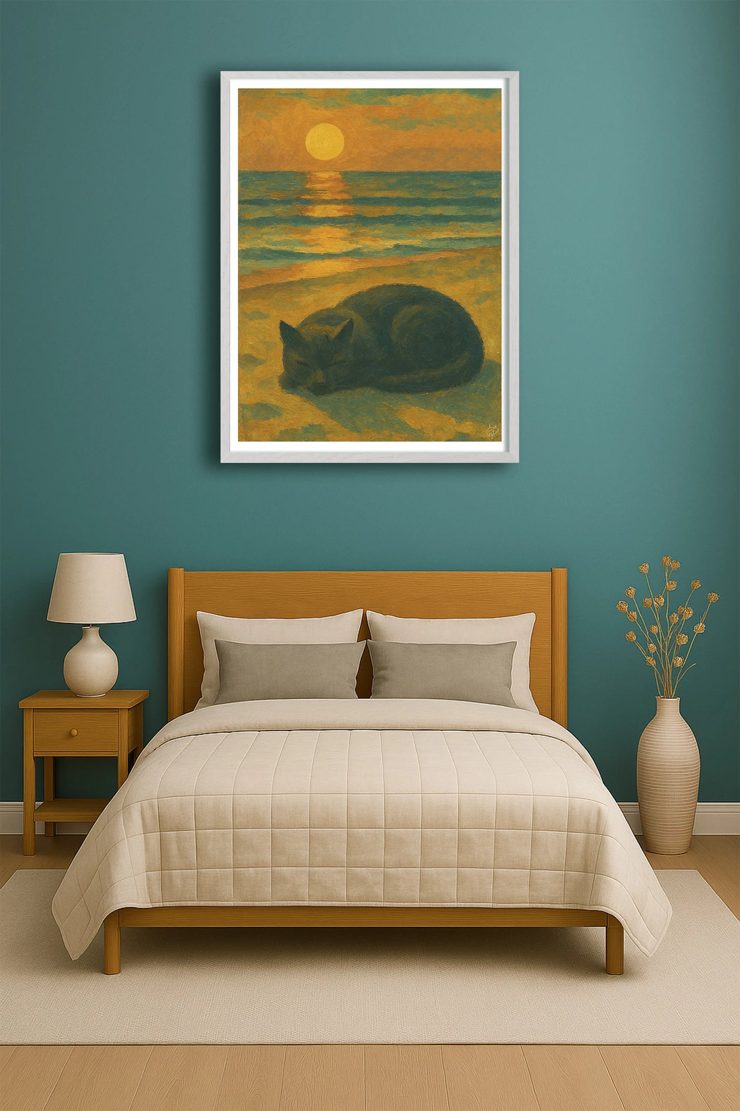 Horizon Purr TealBedroom WhiteFrame mockup
