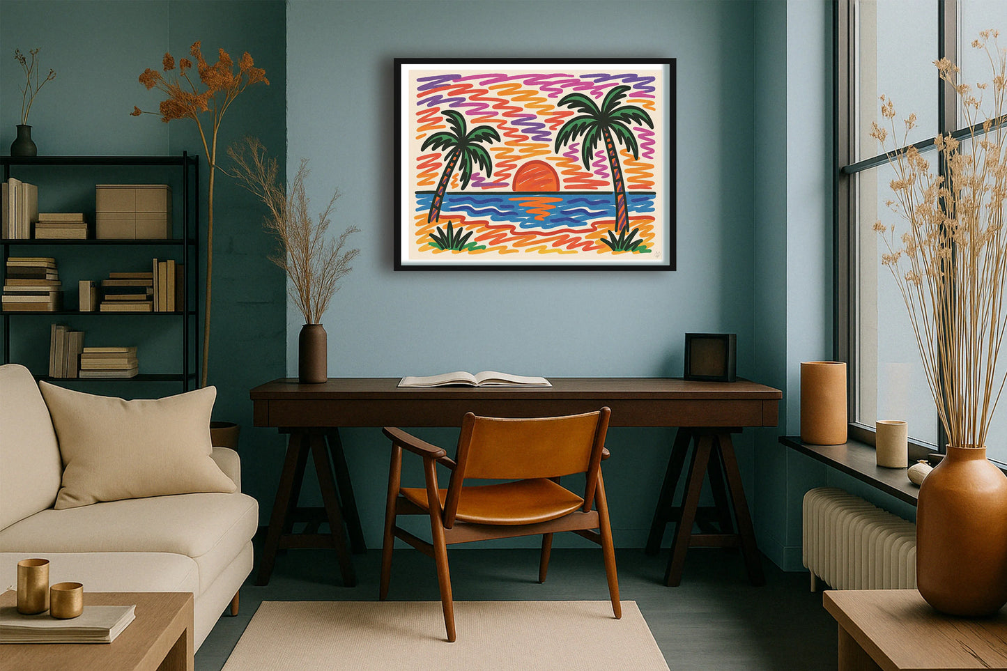 Sunset Scribble TealStudy BlackFrame mockup