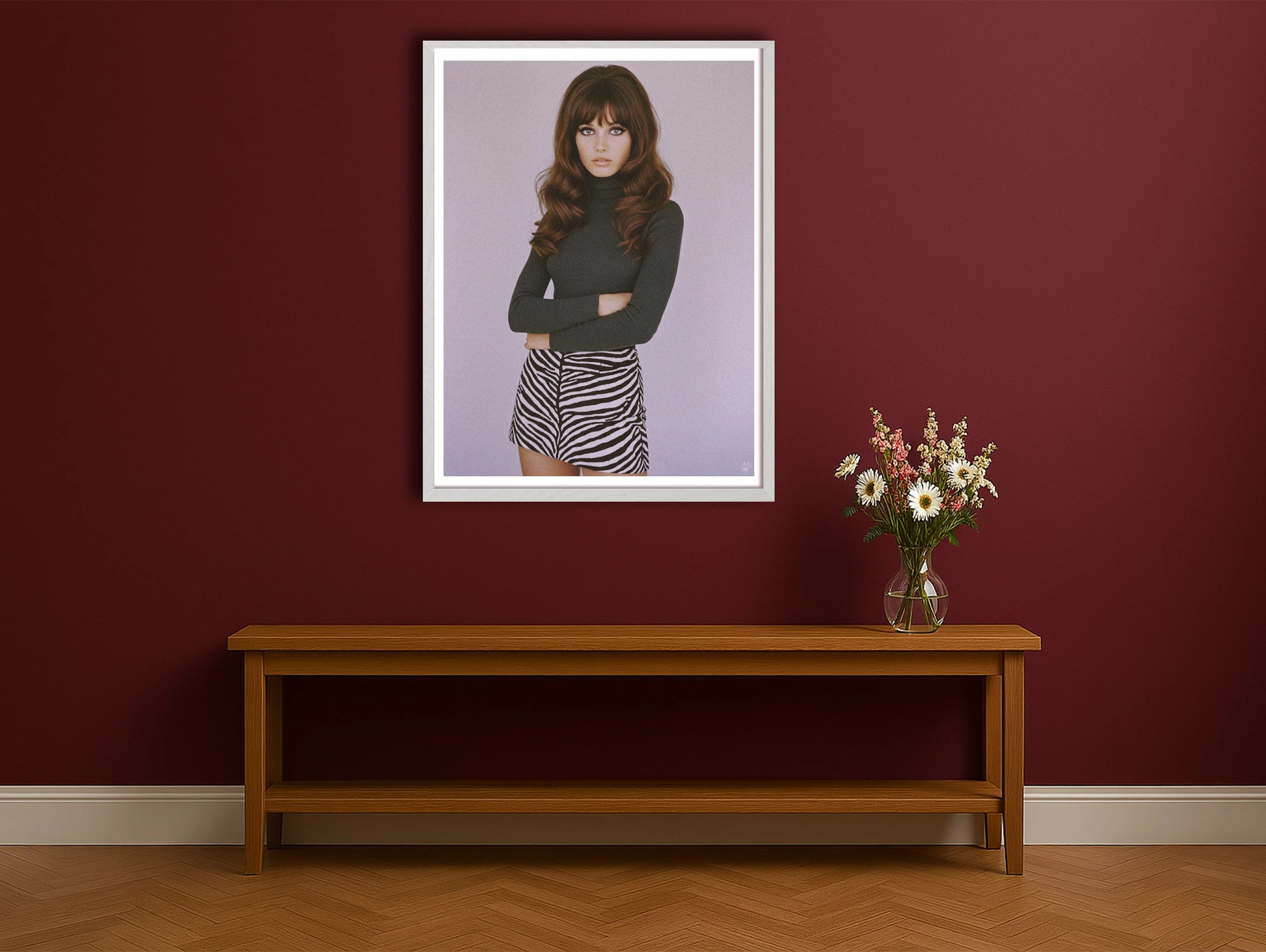 Zebra Skirt BurgundyHallwayWhiteFrame mockup