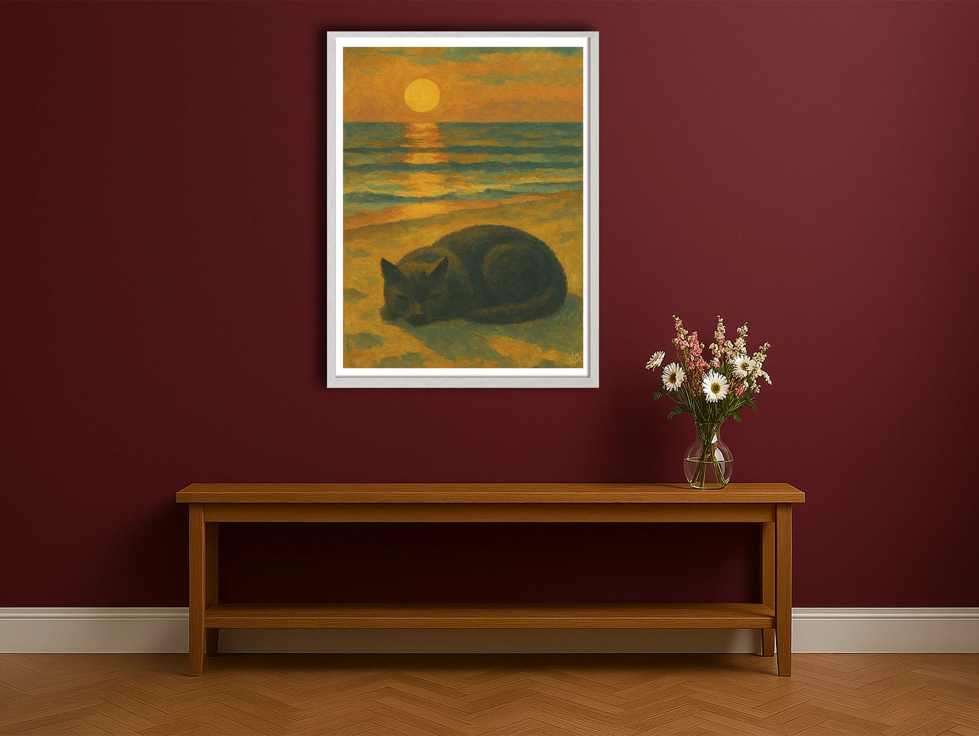 Horizon Purr BurgundyHallwayWhiteFrame mockup