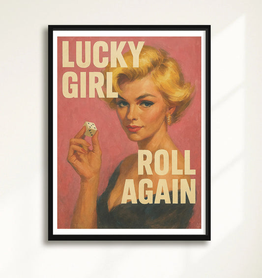 Lucky Girl Roll Again Neutral closeup BlackFrame mockup