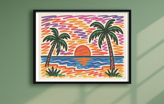 Sunset Scribble Green closeup BlackFrame mockup